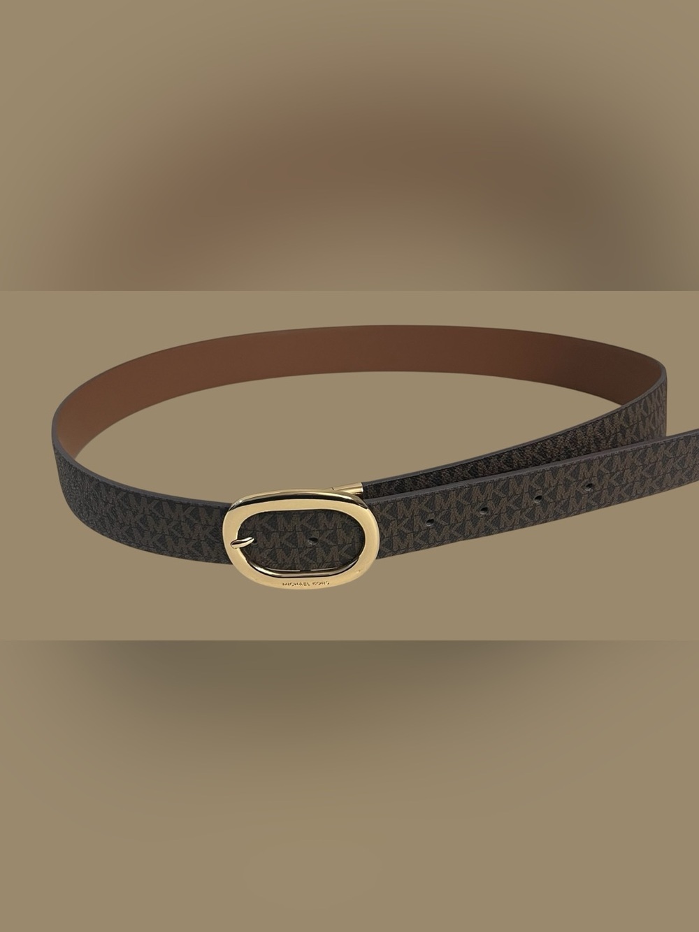 Michael Kors Brown Monogram Belt with Gold Oval Buckle